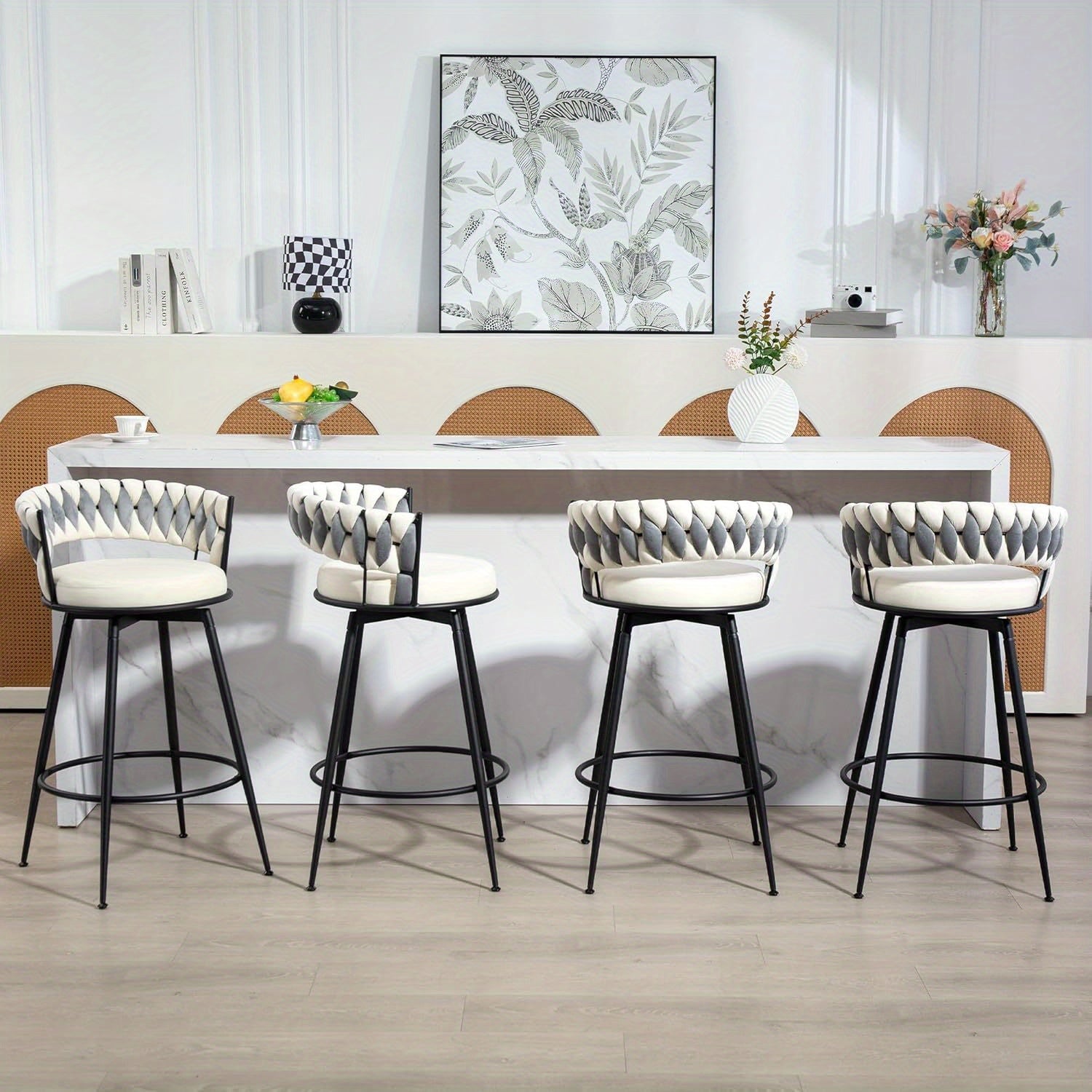 2\u002F4pcs Dark Brown Modern Bar Stool, Adjustable Faux Leather Upholstered Swivel CounterStools with Woven Back, for Restaurant, Cafe, Modern Bar Stool, Thickened Seat Cushion Souare Lsland Barstools with Back