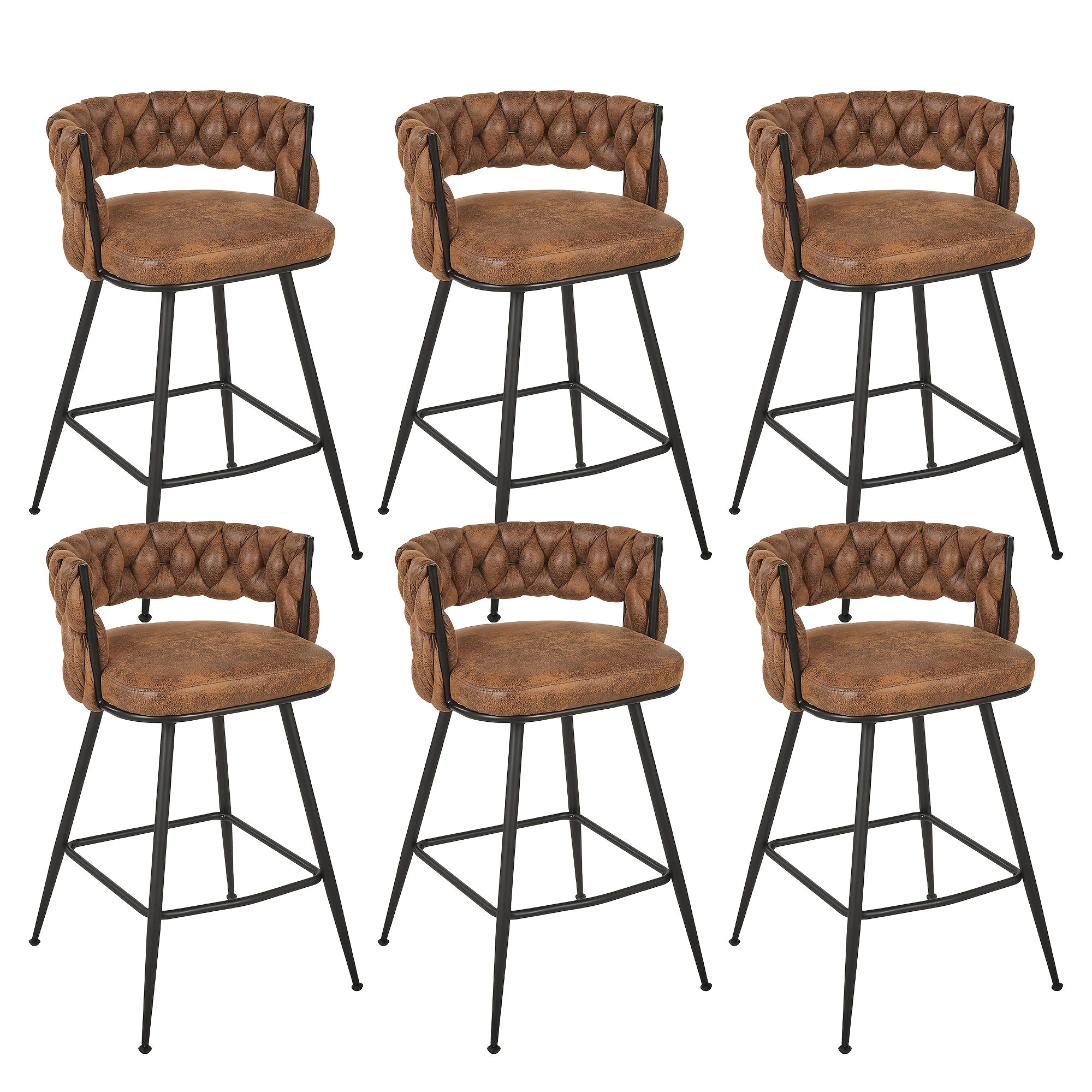 Set Of 2\u002F4\u002F6 Modern PU Leather Counter Stools, Black Legs Mid Century Weaved Back Bar Counter with Footrest, Bar Stools for Kitchen Island