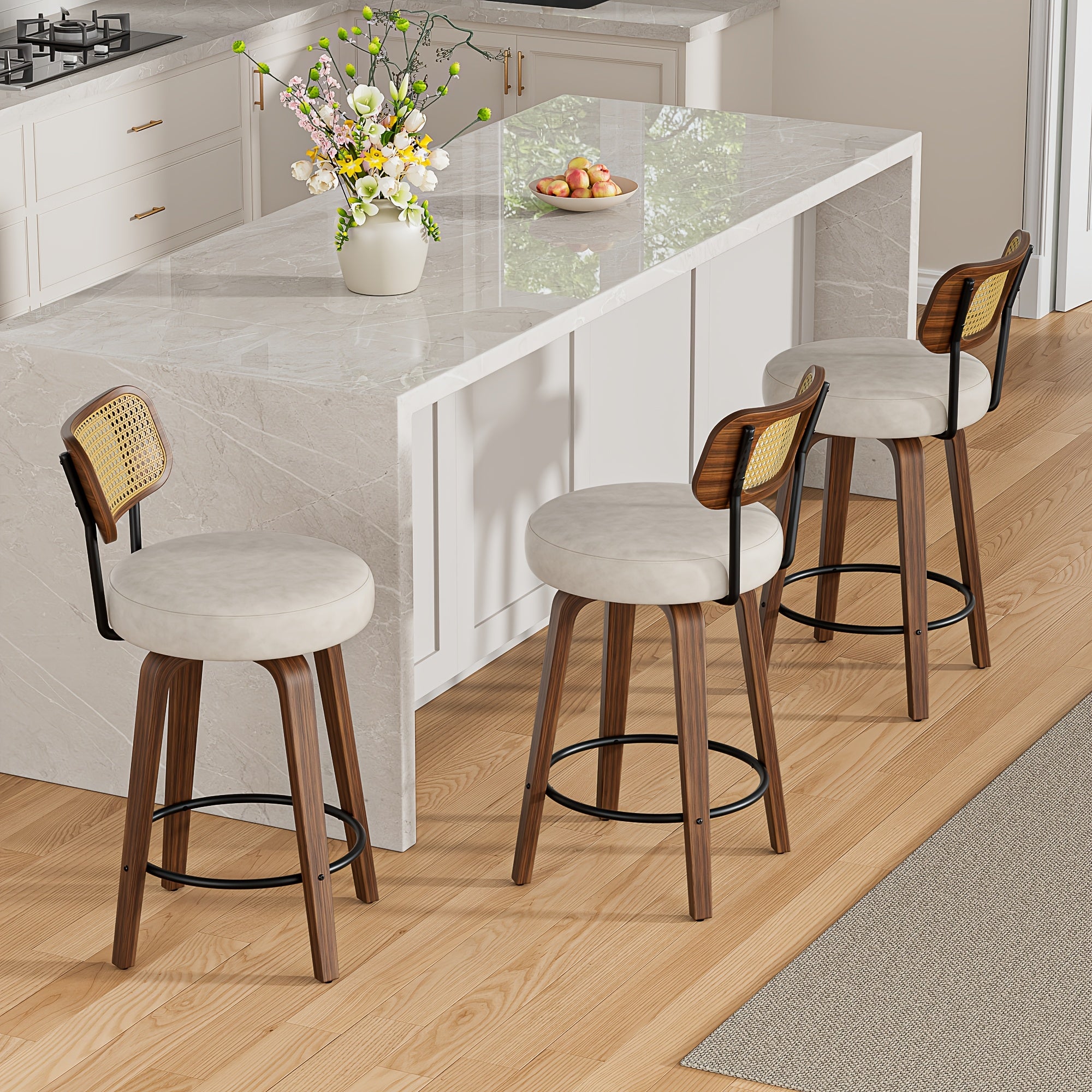 1\u002F2\u002F3\u002F4pcs High-End Faux Leather Bar Stools, 360° Swivel Counter Chairs with Thick Cushion, Curved Bentwood Legs & Durable Rubberwood Frame, Luxury Modern Seating for Kitchen & Dining
