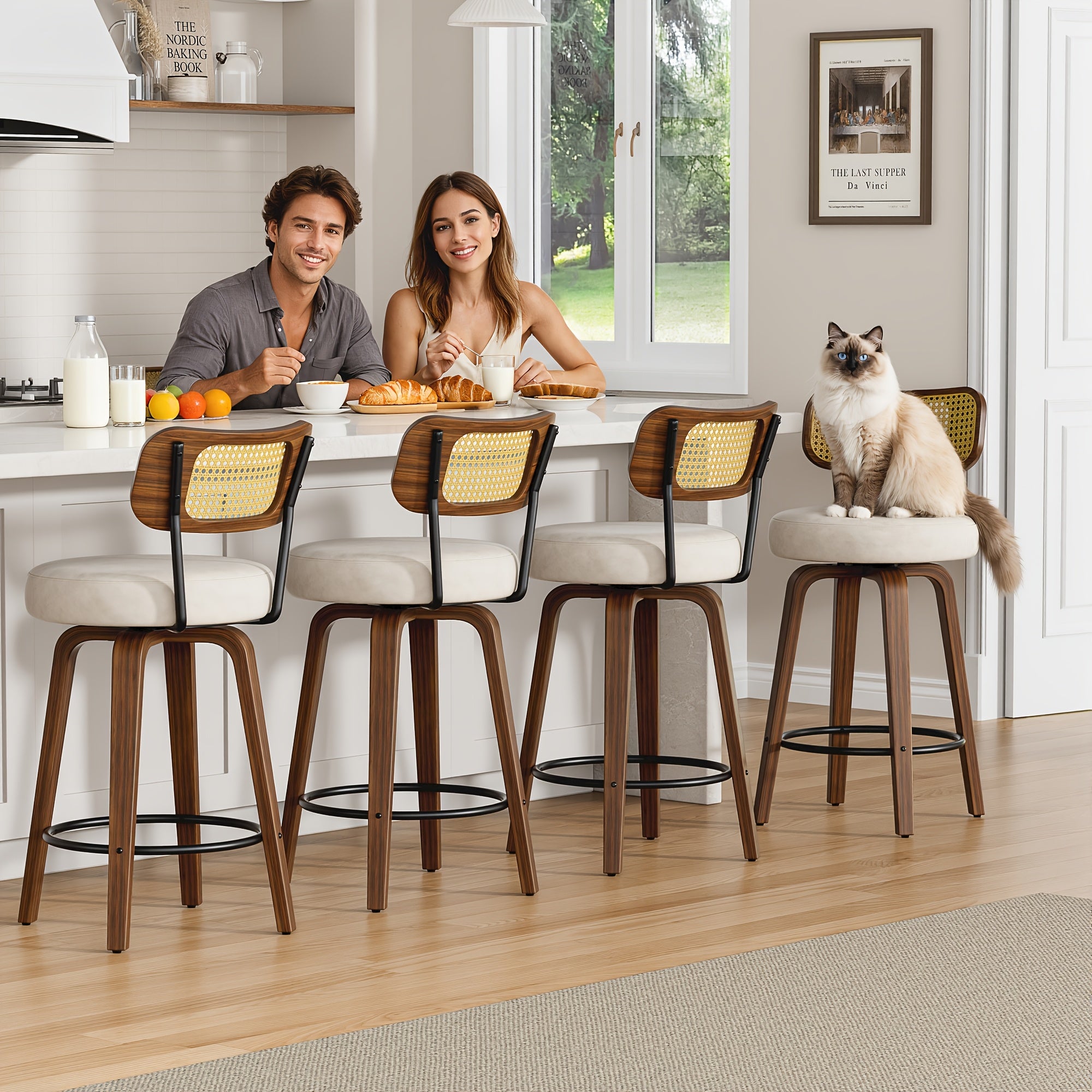 1\u002F2\u002F3\u002F4pcs High-End Faux Leather Bar Stools, 360° Swivel Counter Chairs with Thick Cushion, Curved Bentwood Legs & Durable Rubberwood Frame, Luxury Modern Seating for Kitchen & Dining