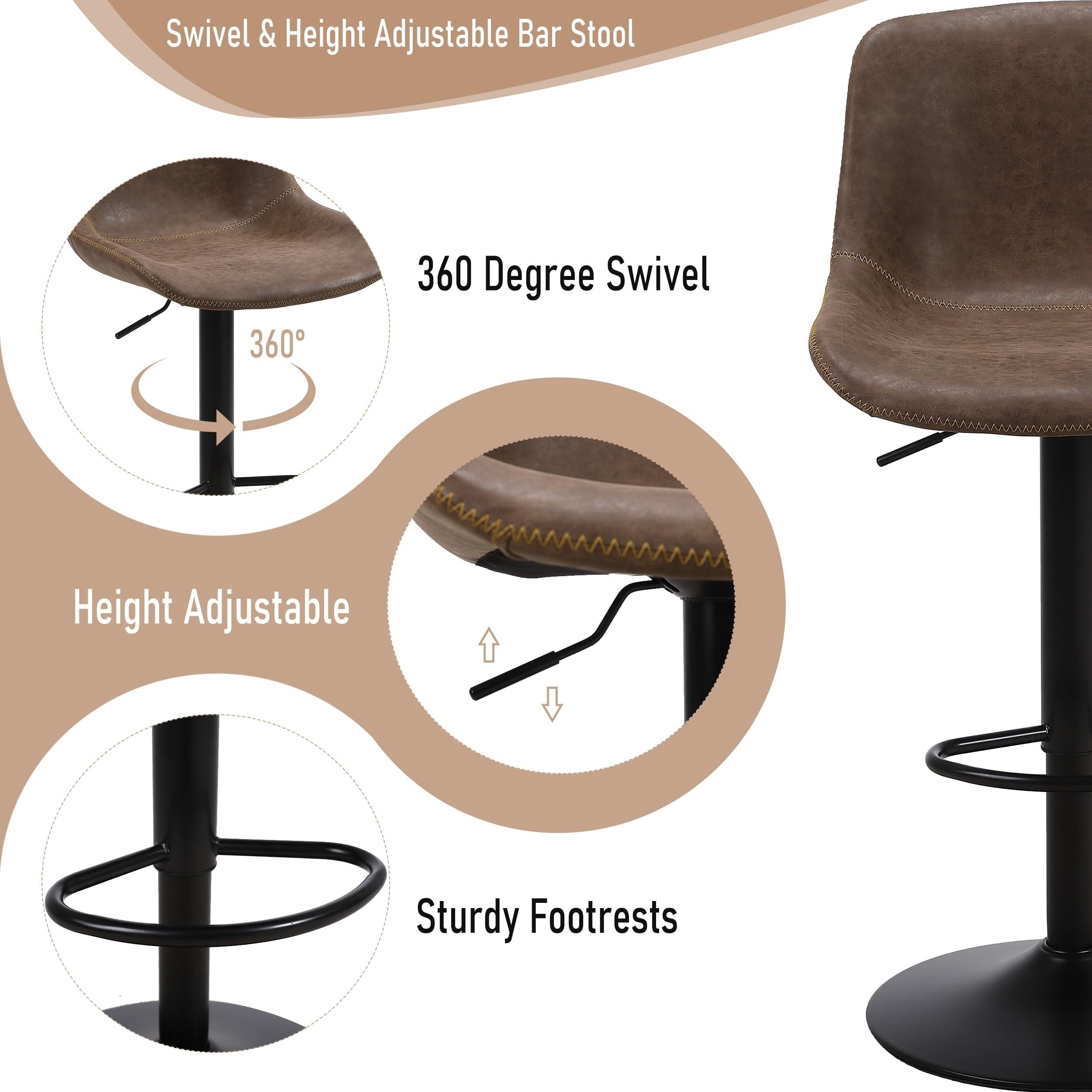 Swivel Bar Stool Set - Adjustable Height Modern Counter Stools for Kitchen, Pub & Entertaining, Armless In Brown\u002FDark Grey