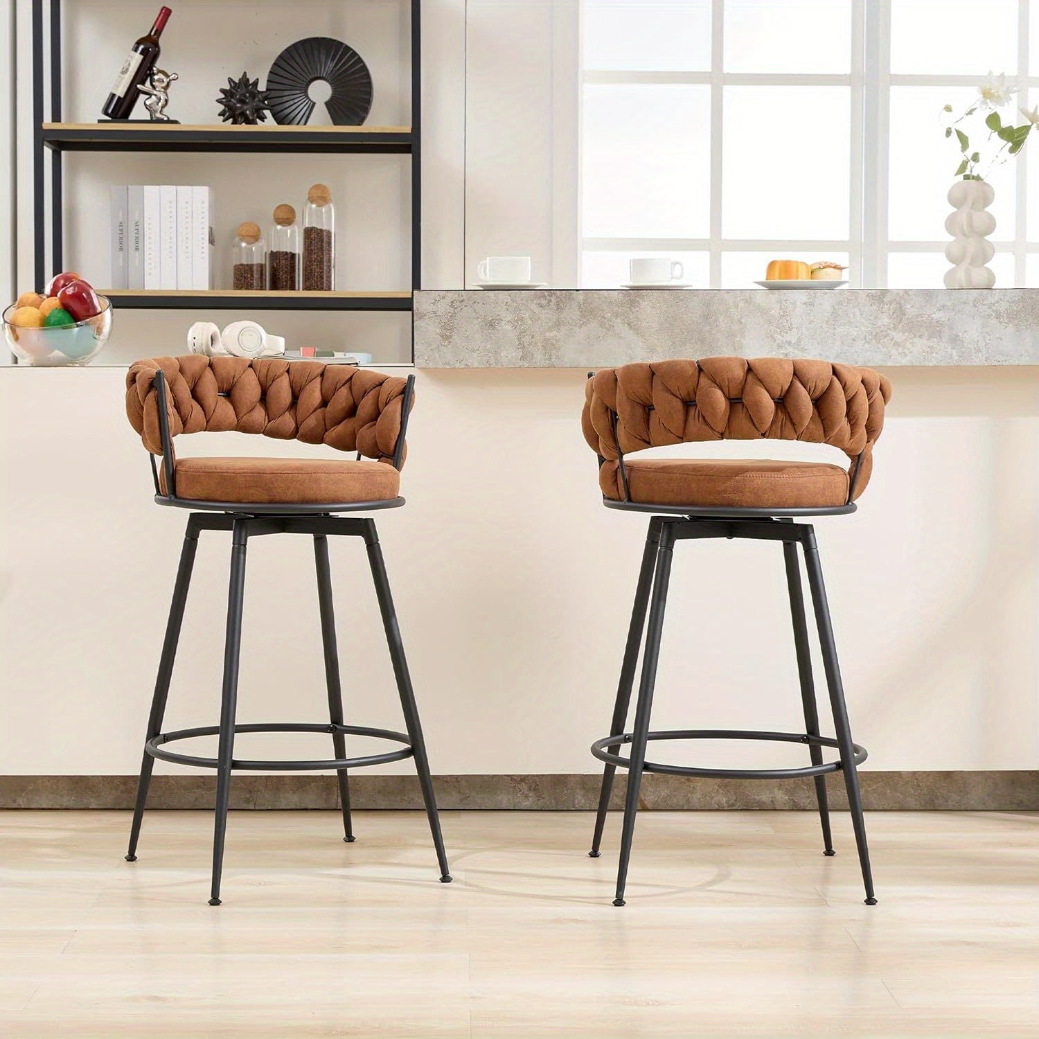 2\u002F4pcs Dark Brown Modern Bar Stool, Adjustable Faux Leather Upholstered Swivel CounterStools with Woven Back, for Restaurant, Cafe, Modern Bar Stool, Thickened Seat Cushion Souare Lsland Barstools with Back