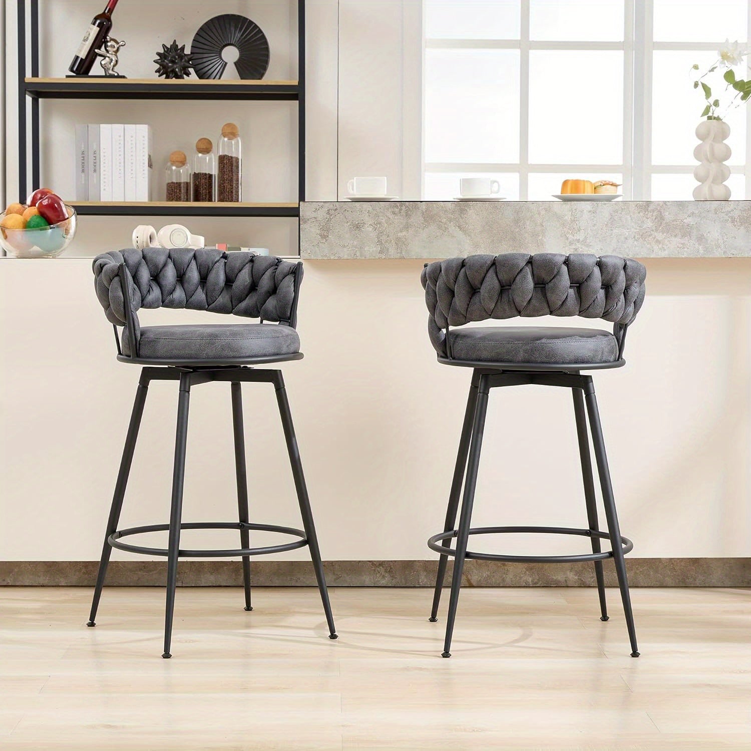 2\u002F4pcs Dark Brown Modern Bar Stool, Adjustable Faux Leather Upholstered Swivel CounterStools with Woven Back, for Restaurant, Cafe, Modern Bar Stool, Thickened Seat Cushion Souare Lsland Barstools with Back