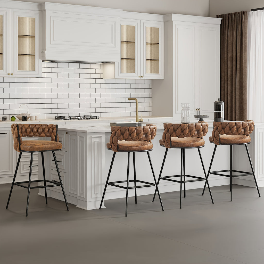 Set Of 2\u002F4\u002F6 Modern PU Leather Counter Stools, Black Legs Mid Century Weaved Back Bar Counter with Footrest, Bar Stools for Kitchen Island