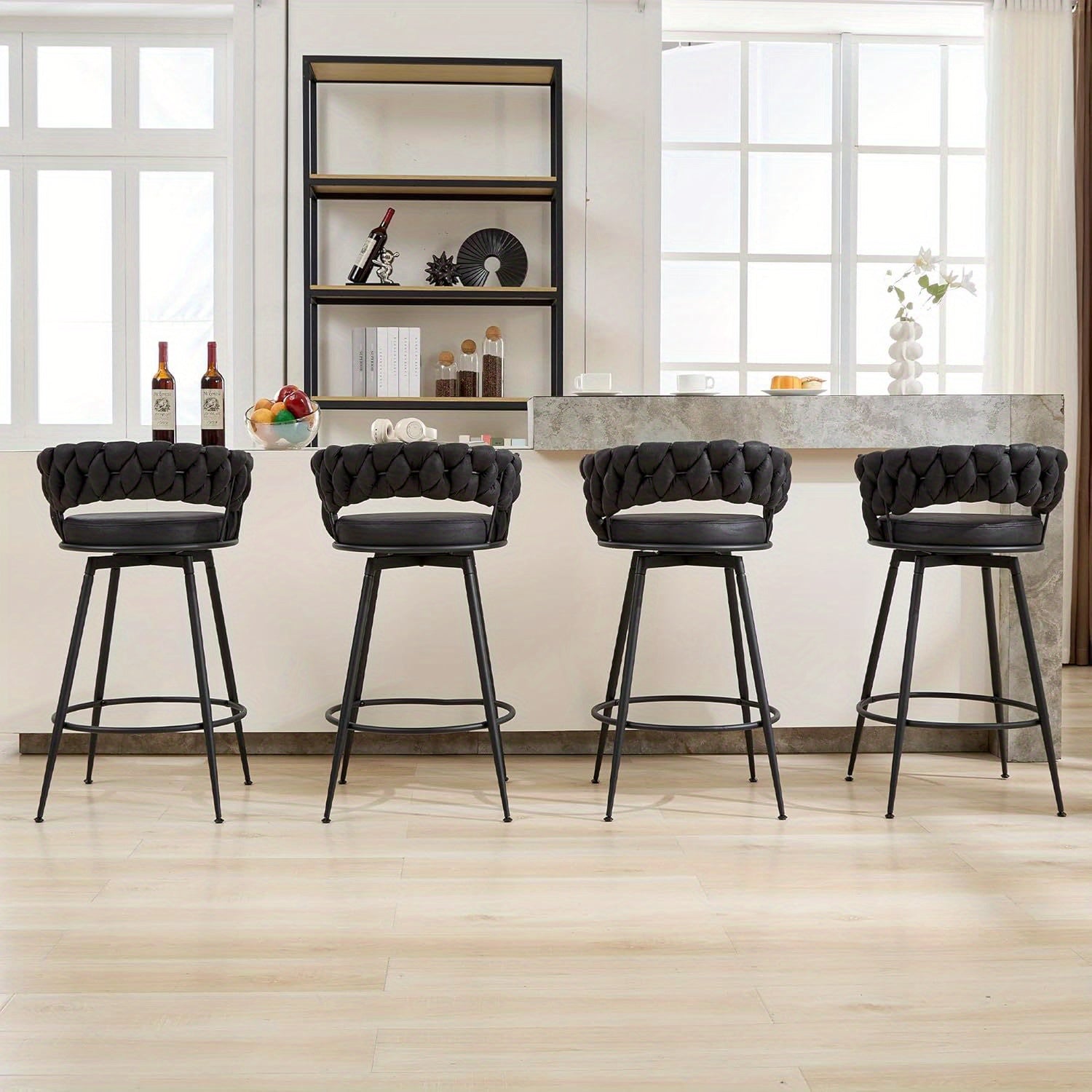 2\u002F4pcs Dark Brown Modern Bar Stool, Adjustable Faux Leather Upholstered Swivel CounterStools with Woven Back, for Restaurant, Cafe, Modern Bar Stool, Thickened Seat Cushion Souare Lsland Barstools with Back
