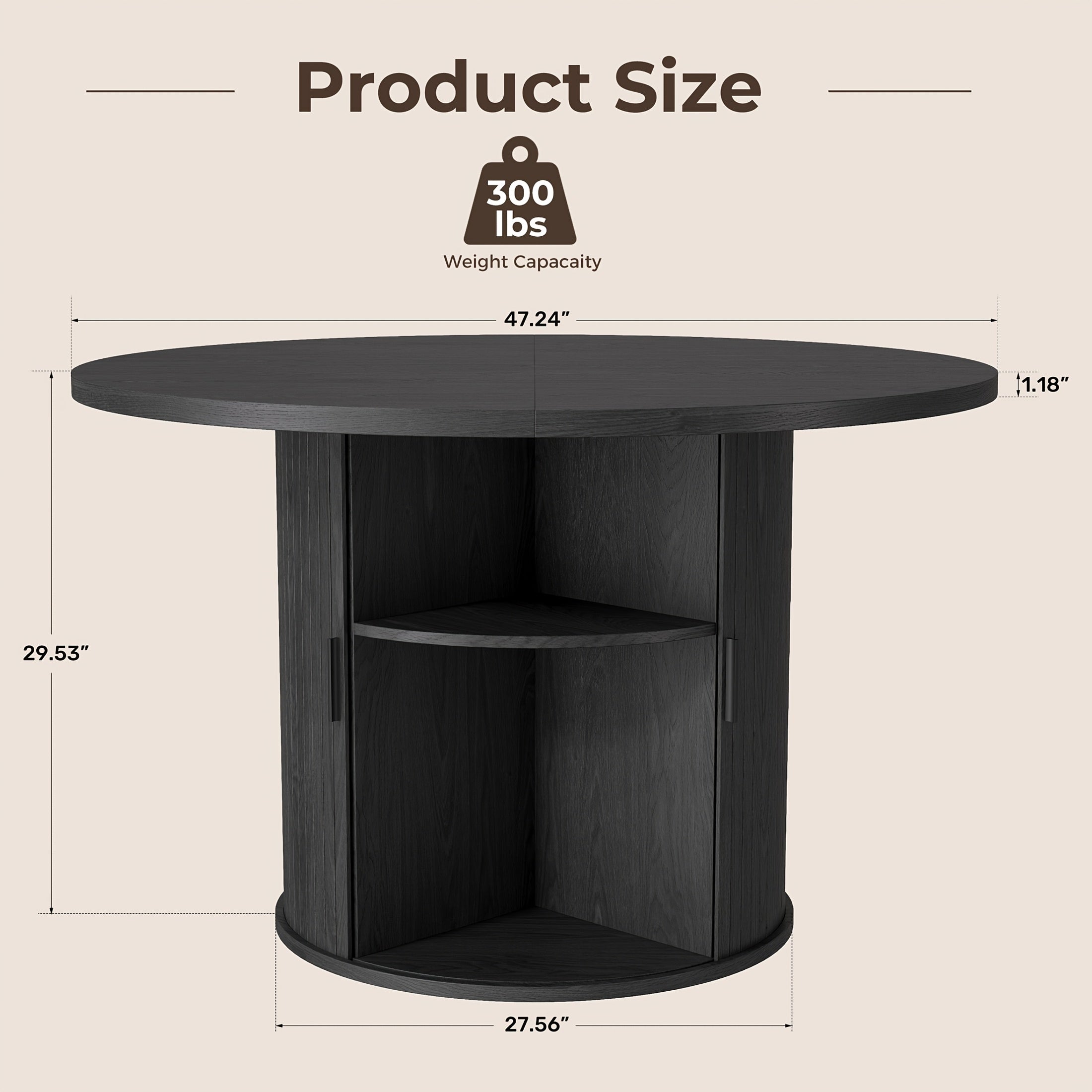 31.5” Round Dining Table Suitable for 2-4 People, Modern Farmhouse Kitchen Table with 2-Tier Storage Shelf & Fluted Base, Wood Table for Small Spaces, Assembly for Home, for Home Dining Room, Living Room, Wood
