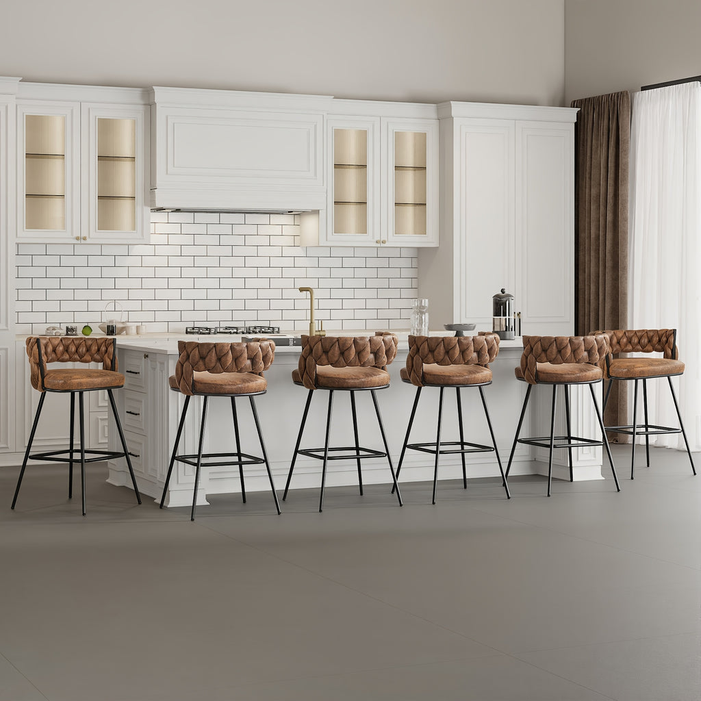 Set Of 2\u002F4\u002F6 Modern PU Leather Counter Stools, Black Legs Mid Century Weaved Back Bar Counter with Footrest, Bar Stools for Kitchen Island
