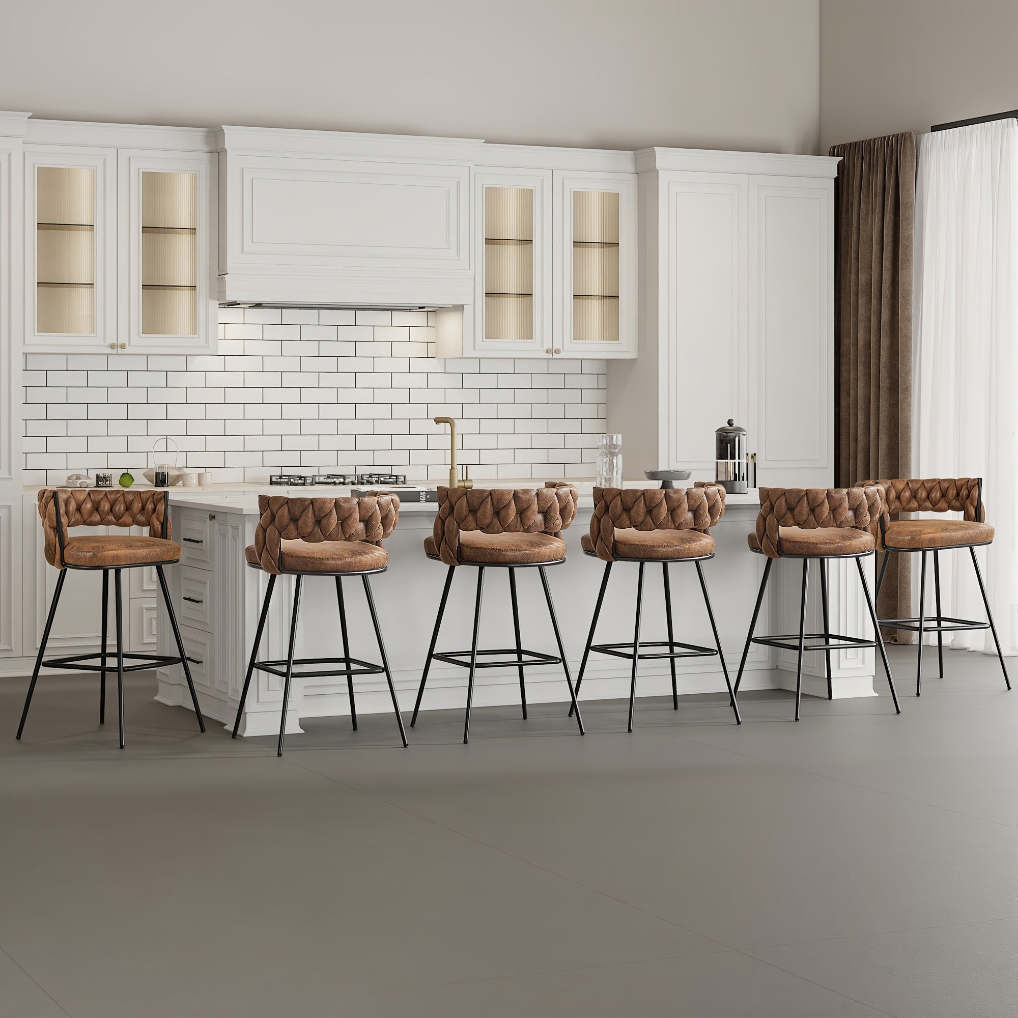 Set Of 2\u002F4\u002F6 Modern PU Leather Counter Stools, Black Legs Mid Century Weaved Back Bar Counter with Footrest, Bar Stools for Kitchen Island