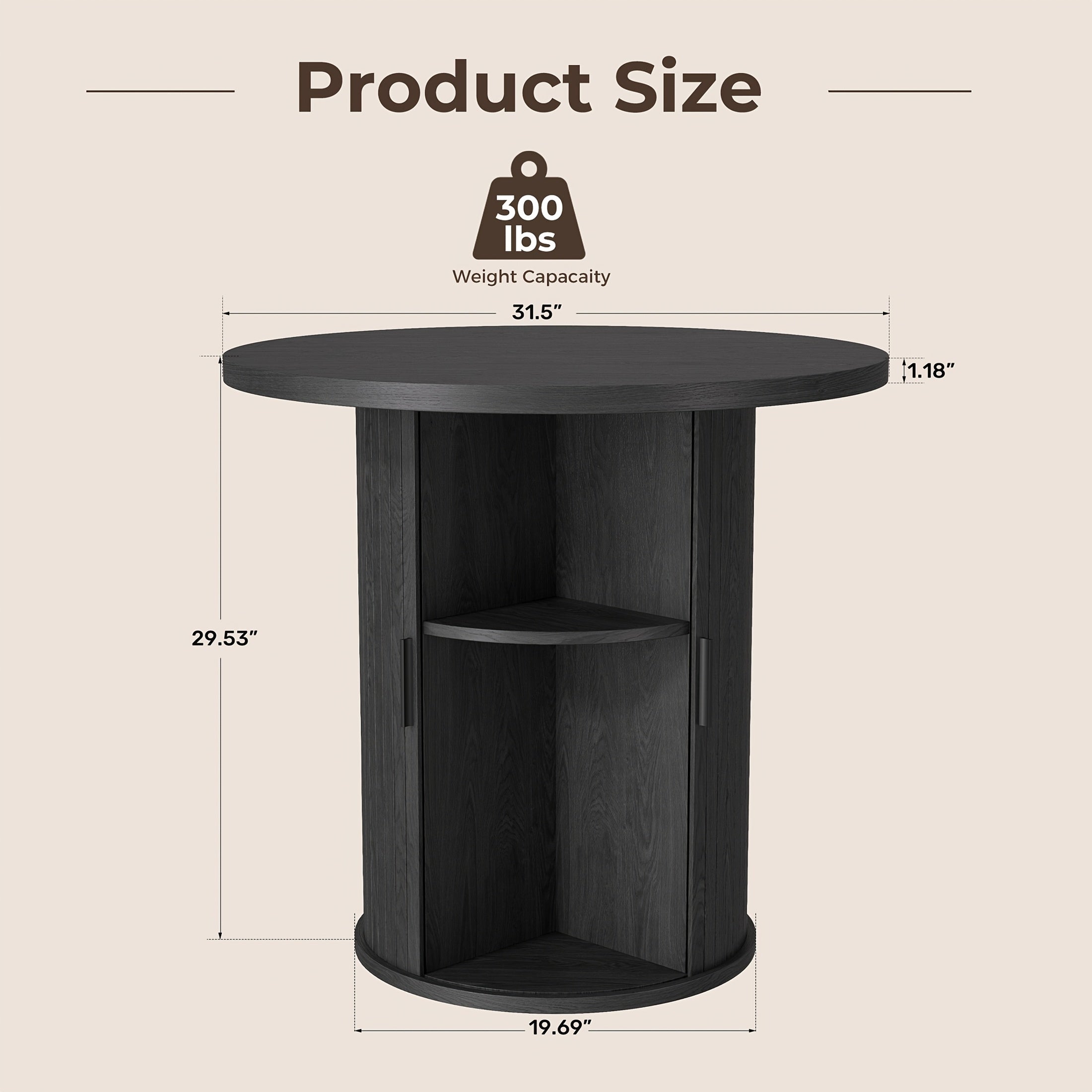 31.5” Round Dining Table Suitable for 2-4 People, Modern Farmhouse Kitchen Table with 2-Tier Storage Shelf & Fluted Base, Wood Table for Small Spaces, Assembly for Home, for Home Dining Room, Living Room, Wood