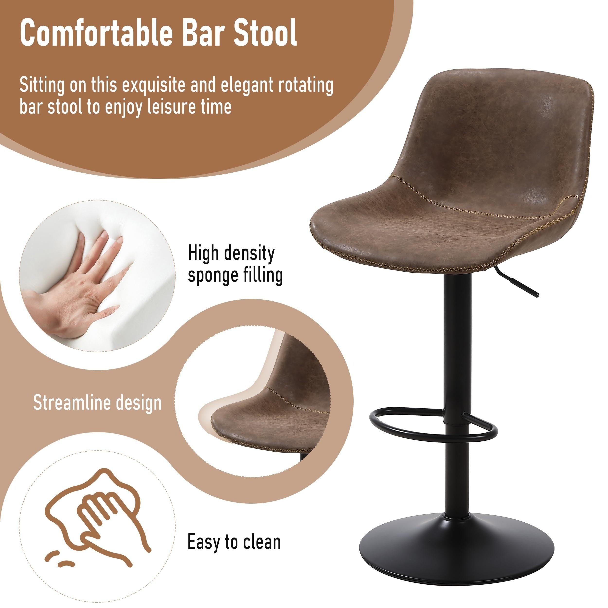 Swivel Bar Stool Set - Adjustable Height Modern Counter Stools for Kitchen, Pub & Entertaining, Armless In Brown\u002FDark Grey