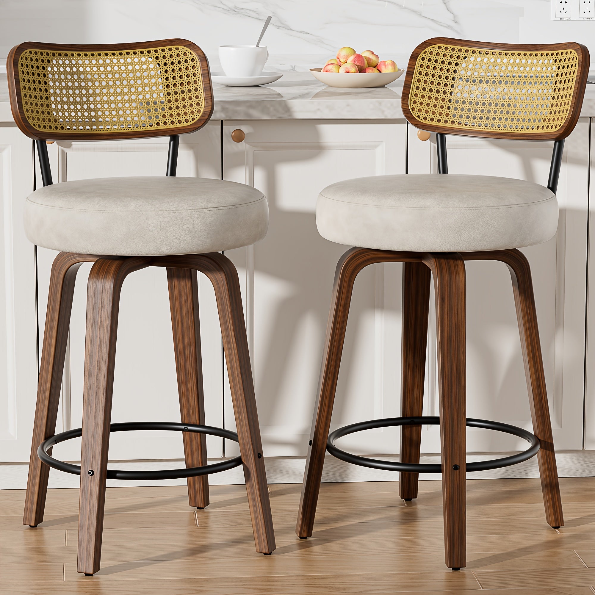 1\u002F2\u002F3\u002F4pcs High-End Faux Leather Bar Stools, 360° Swivel Counter Chairs with Thick Cushion, Curved Bentwood Legs & Durable Rubberwood Frame, Luxury Modern Seating for Kitchen & Dining