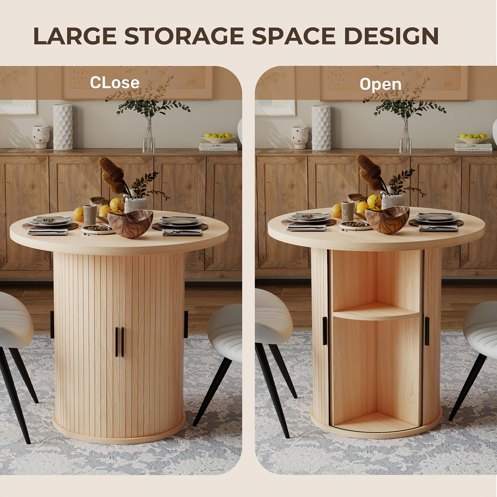 31.5” Round Dining Table Suitable for 2-4 People, Modern Farmhouse Kitchen Table with 2-Tier Storage Shelf & Fluted Base, Wood Table for Small Spaces, Assembly for Home, for Home Dining Room, Living Room, Wood