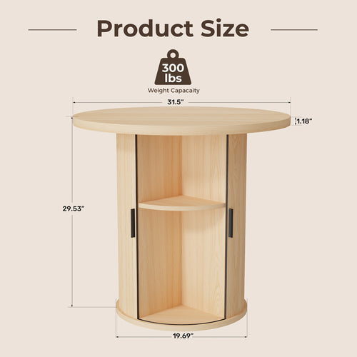 31.5” Round Dining Table Suitable for 2-4 People, Modern Farmhouse Kitchen Table with 2-Tier Storage Shelf & Fluted Base, Wood Table for Small Spaces, Assembly for Home, for Home Dining Room, Living Room, Wood