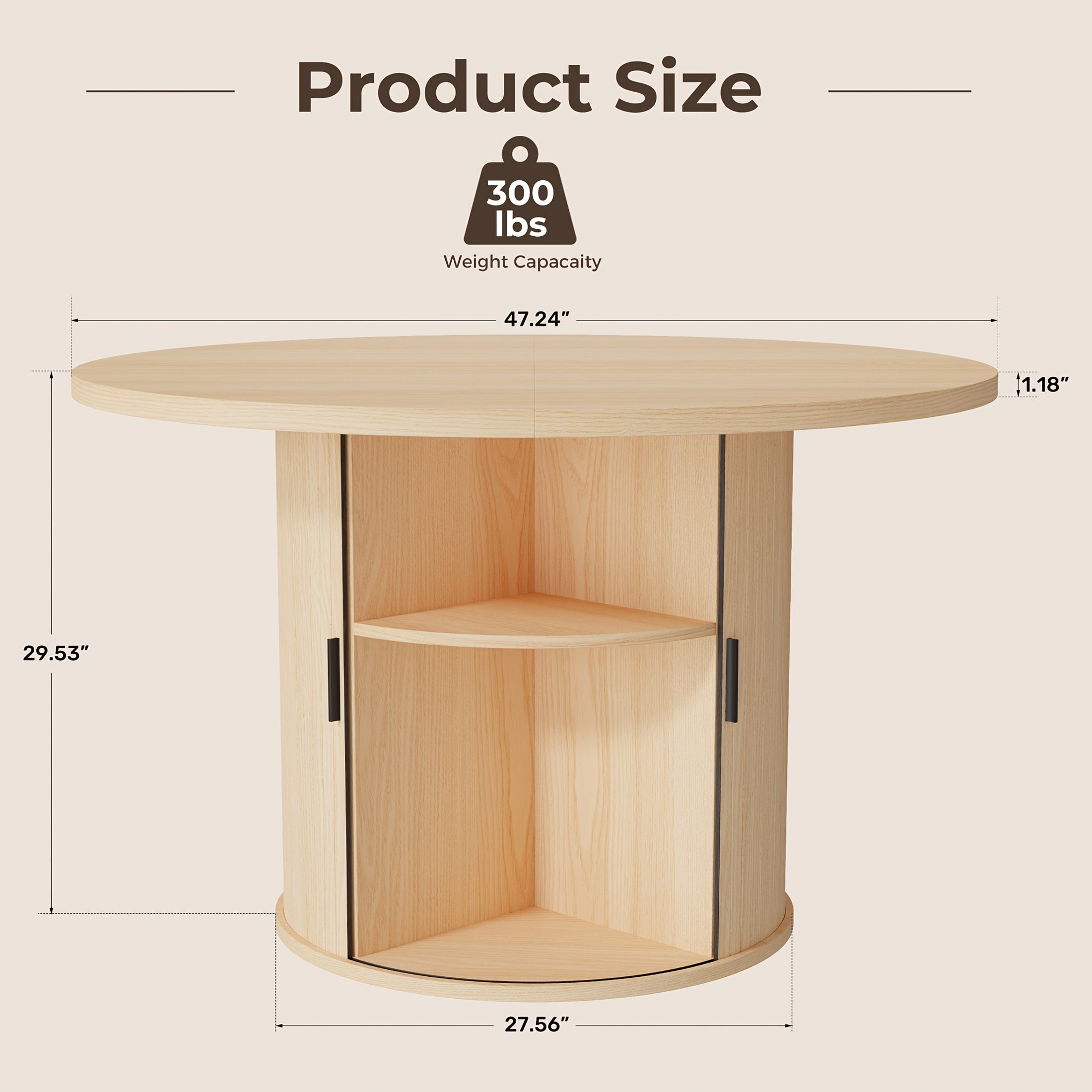 31.5” Round Dining Table Suitable for 2-4 People, Modern Farmhouse Kitchen Table with 2-Tier Storage Shelf & Fluted Base, Wood Table for Small Spaces, Assembly for Home, for Home Dining Room, Living Room, Wood