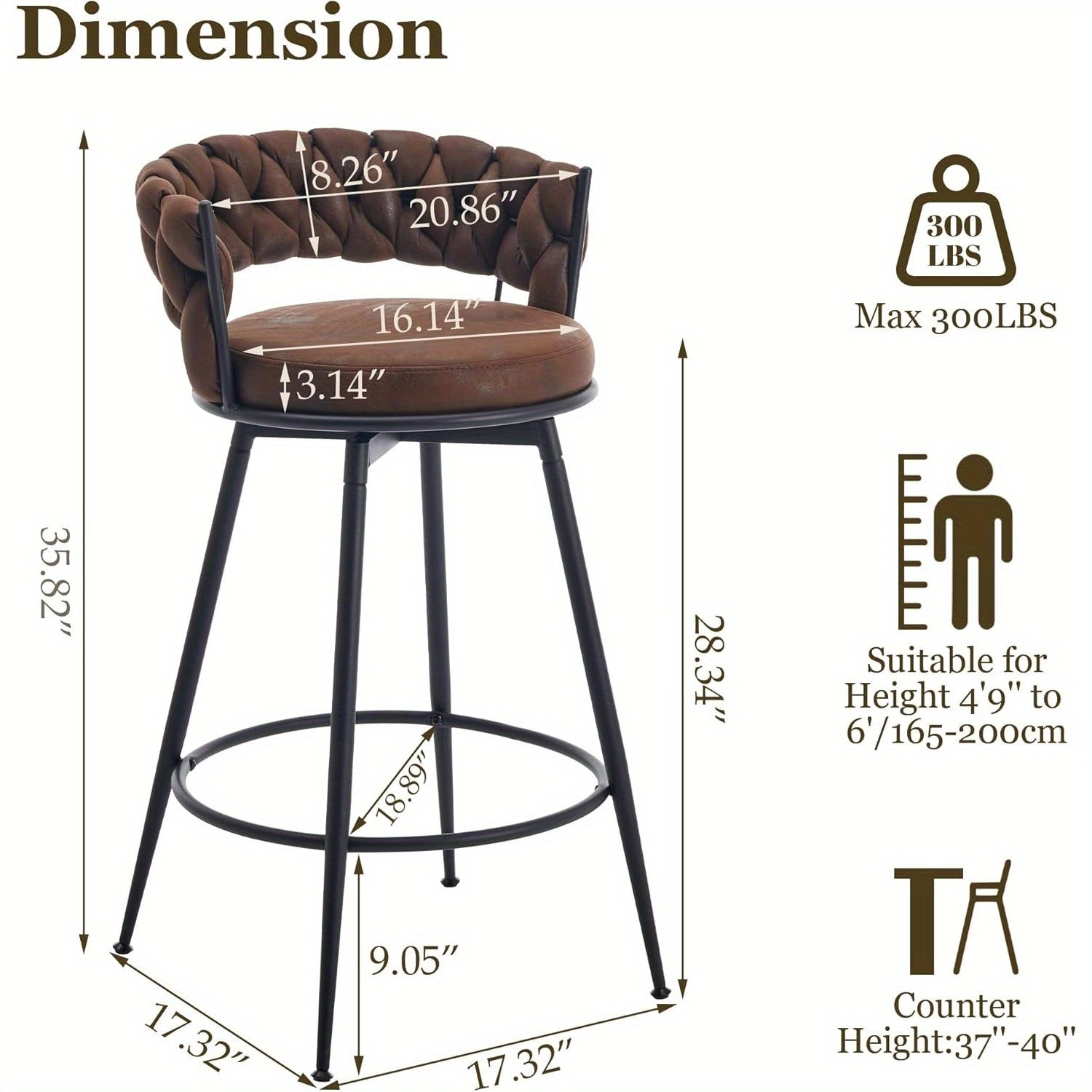 2\u002F4pcs Dark Brown Modern Bar Stool, Adjustable Faux Leather Upholstered Swivel CounterStools with Woven Back, for Restaurant, Cafe, Modern Bar Stool, Thickened Seat Cushion Souare Lsland Barstools with Back