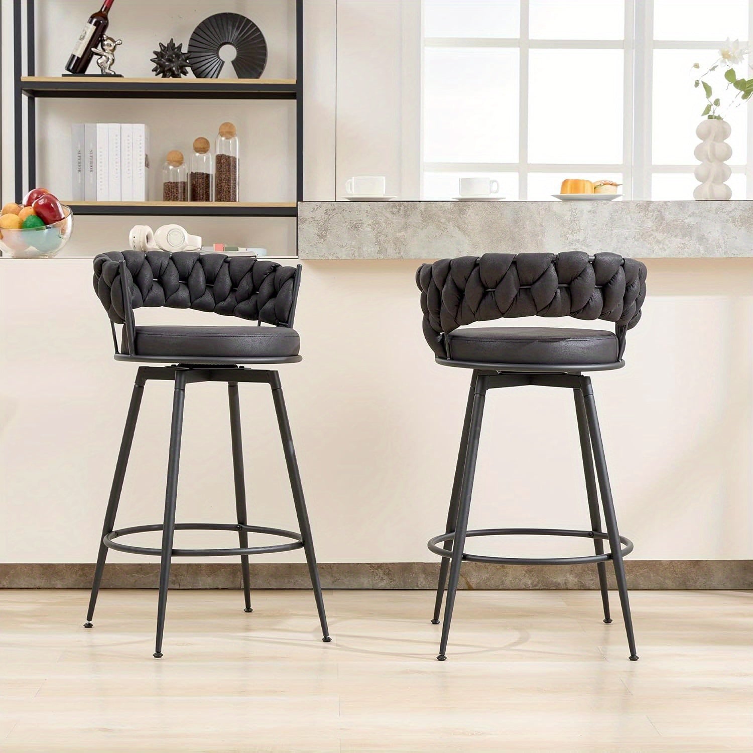 2\u002F4pcs Dark Brown Modern Bar Stool, Adjustable Faux Leather Upholstered Swivel CounterStools with Woven Back, for Restaurant, Cafe, Modern Bar Stool, Thickened Seat Cushion Souare Lsland Barstools with Back