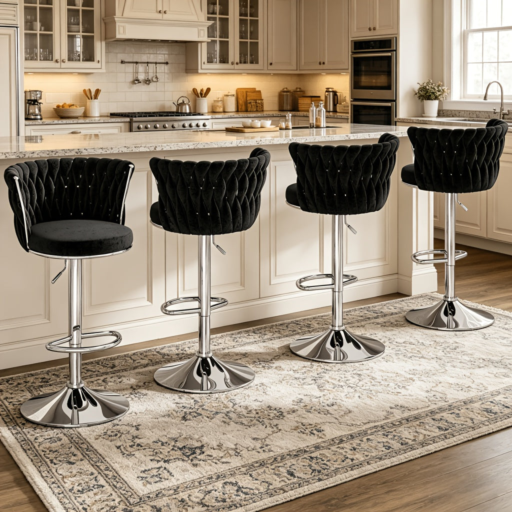 Set Of 2\u002F4 Bar Stools, Modern Braided Velvet Adjustable Swivel Bar Chairs with Backrest, Height Adjustable Counter Stools with Footrest for Kitchen Island, Pub, Home Bar - 4 Colors (Gray\u002FBeige\u002FPink\u002FBlack)